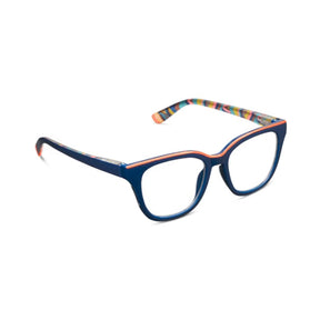 Blue eyeglasses with colorful patterned arms on a white background