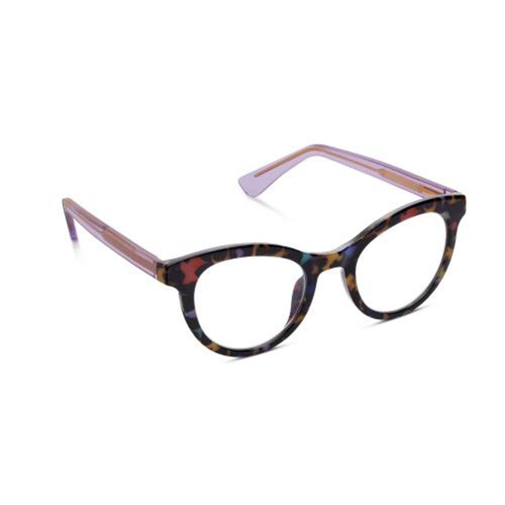 Cat-eye glasses with tortoiseshell frame and pink accents on a white background