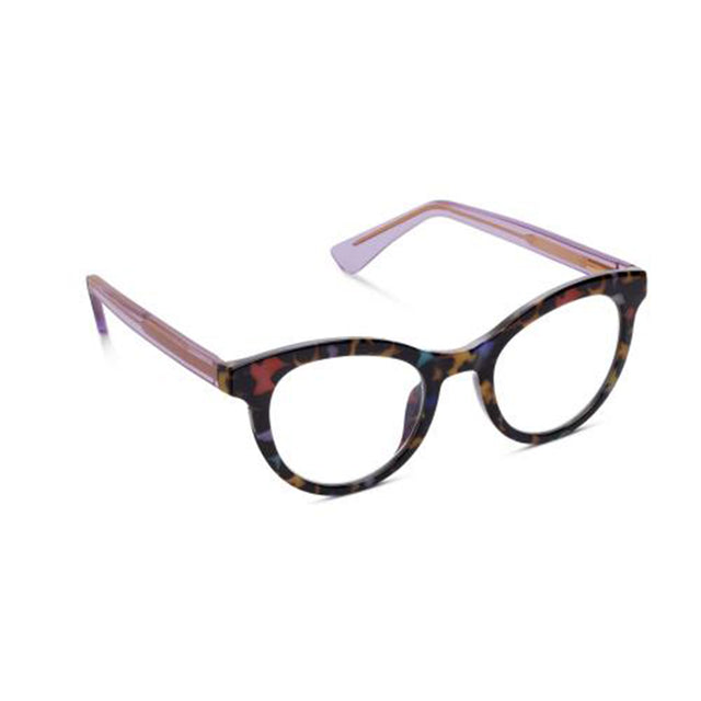 Cat-eye glasses with tortoiseshell frame and pink accents on a white background