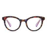 Cat-eye glasses with tortoiseshell frame and pink accents on a white background