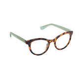 Eyeglasses with tortoiseshell frame and green arms on a white background