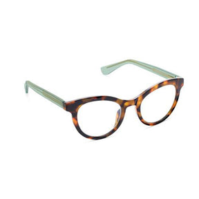 Eyeglasses with tortoiseshell frame and green arms on a white background