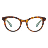 Eyeglasses with tortoiseshell frame and green arms on a white background