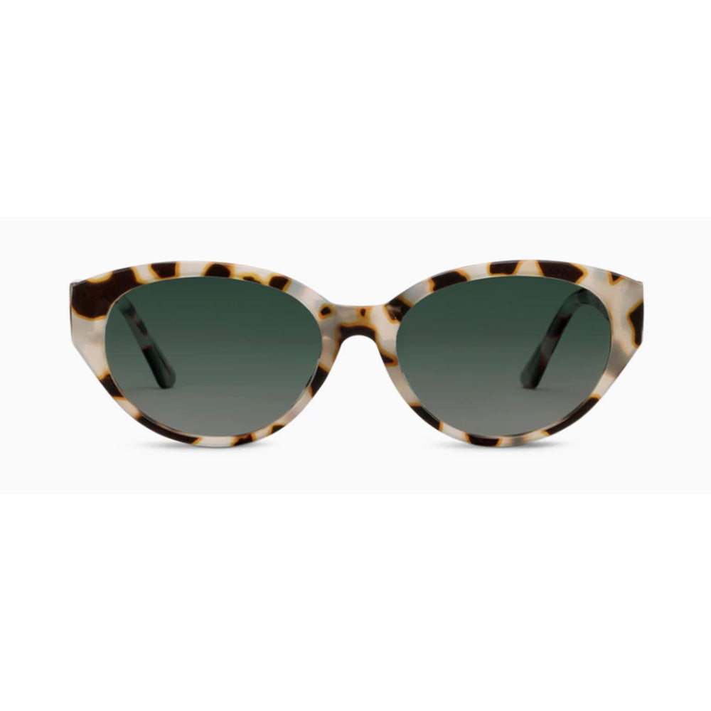 Sunglasses with tortoiseshell frame and dark lenses on a white background