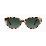 Sunglasses with tortoiseshell frame and dark lenses on a white background