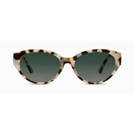 Sunglasses with tortoiseshell frame and dark lenses on a white background