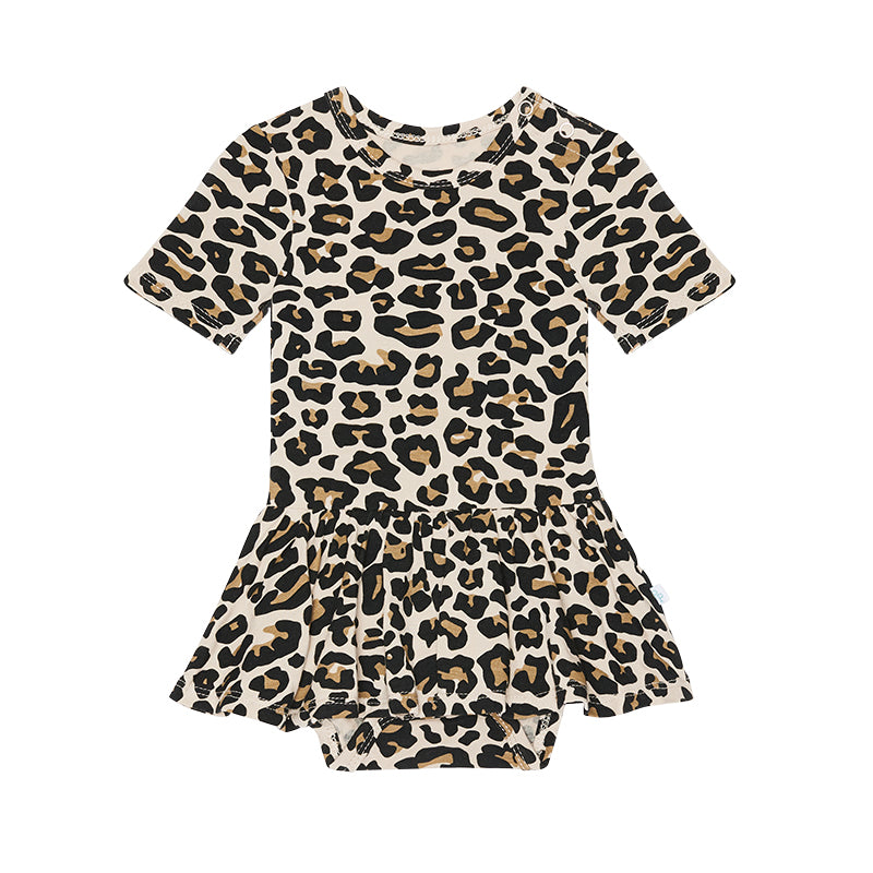 Short Sleeve Leopard Print Twirl Skirt One Piece