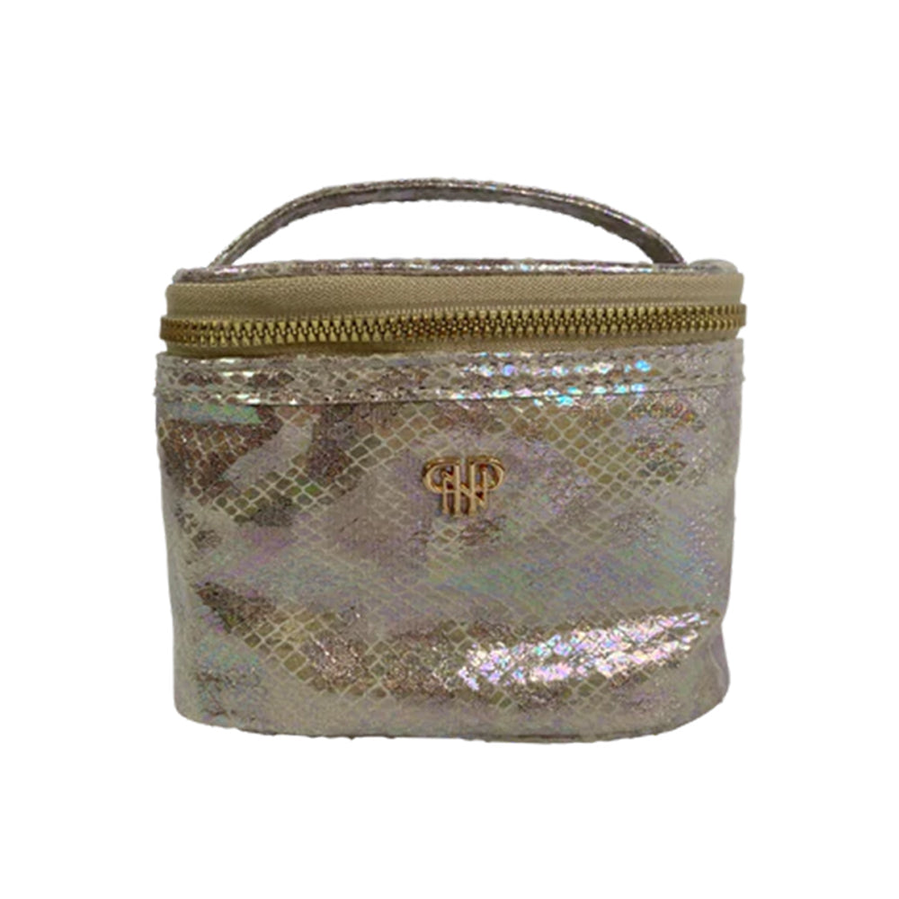 Iridescent cosmetic bag with gold zipper and handle on a white background