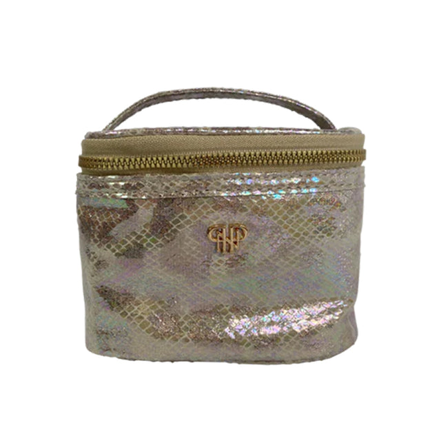 Iridescent cosmetic bag with gold zipper and handle on a white background