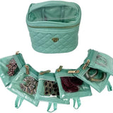 Turquoise jewelry organizer with jewelry items on a white background