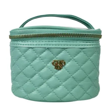 Quilted turquoise cosmetic bag with gold zipper and logo on a white background
