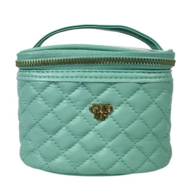 Quilted turquoise cosmetic bag with gold zipper and logo on a white background