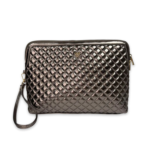 Quilted clutch bag with a strap on a white background