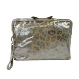 Silver metallic clutch bag on a white background
