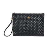 Black quilted clutch bag with a visible brand logo on a white background