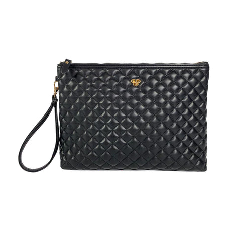 Black quilted clutch bag with a visible brand logo on a white background