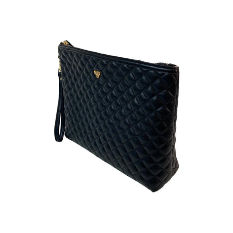 Black quilted clutch bag with a gold zipper on a white background