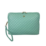 Quilted teal handbag with a strap on a white background