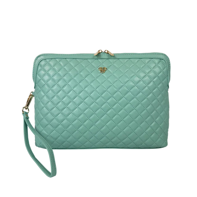 Quilted teal handbag with a strap on a white background