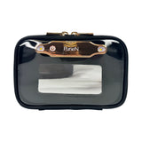 Black transparent pouch with gold clasp on a white background