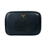 Black leather pouch with a gold logo on a white background
