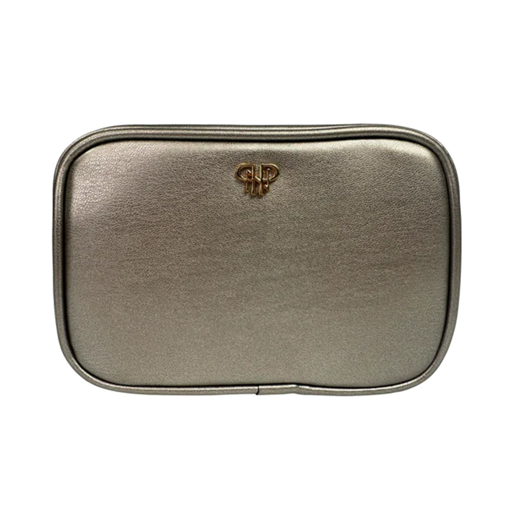 Gold cosmetic bag with a logo on a white background