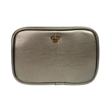Gold cosmetic bag with a logo on a white background