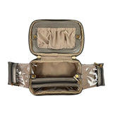 Open beige travel bag with clear plastic wrap on a white background