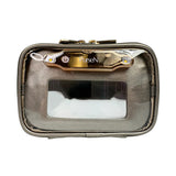 Metallic pouch with a clear front panel on a white background