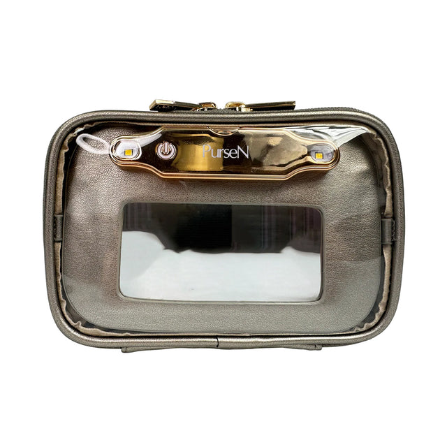 Metallic pouch with a clear front panel on a white background