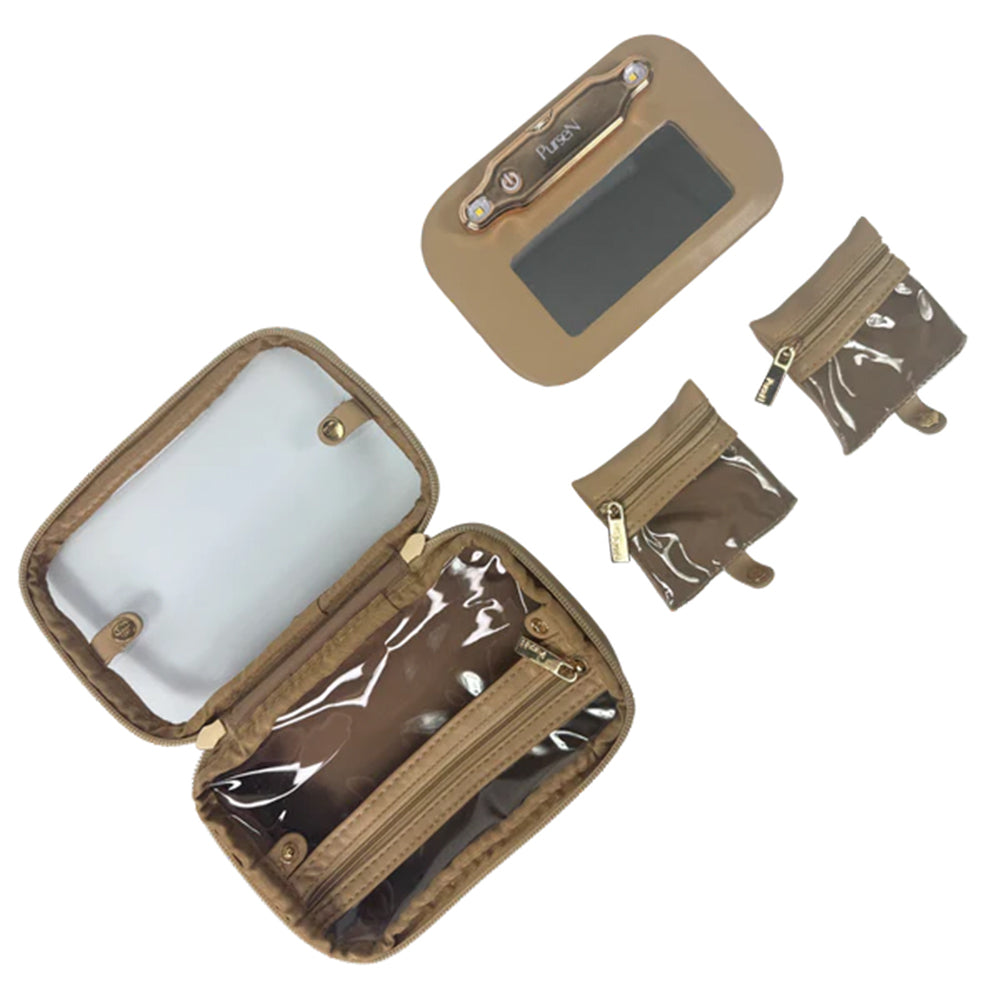 Brown travel organizer with multiple compartments on a white background