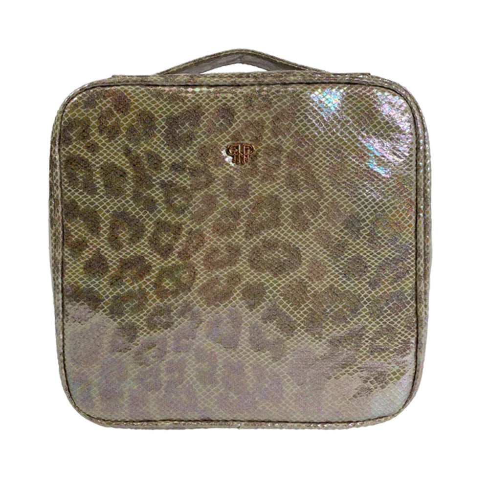 Leopard print makeup bag with a visible brand logo on a white background