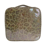 Leopard print makeup bag with a visible brand logo on a white background