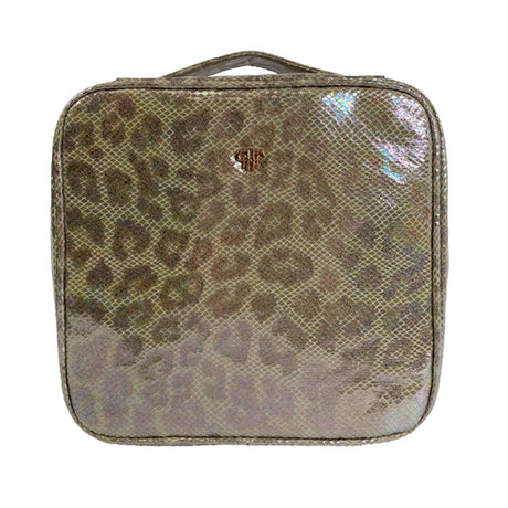 Leopard print makeup bag with a visible brand logo on a white background
