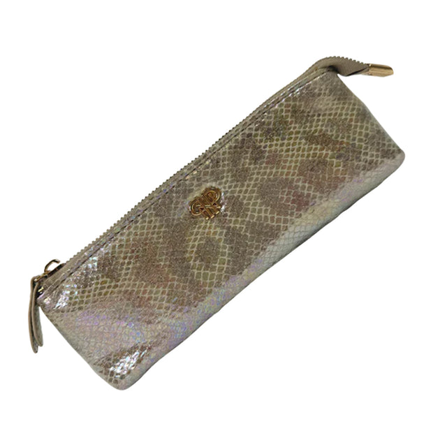 Snakeskin-patterned pouch with a gold zipper on a white background