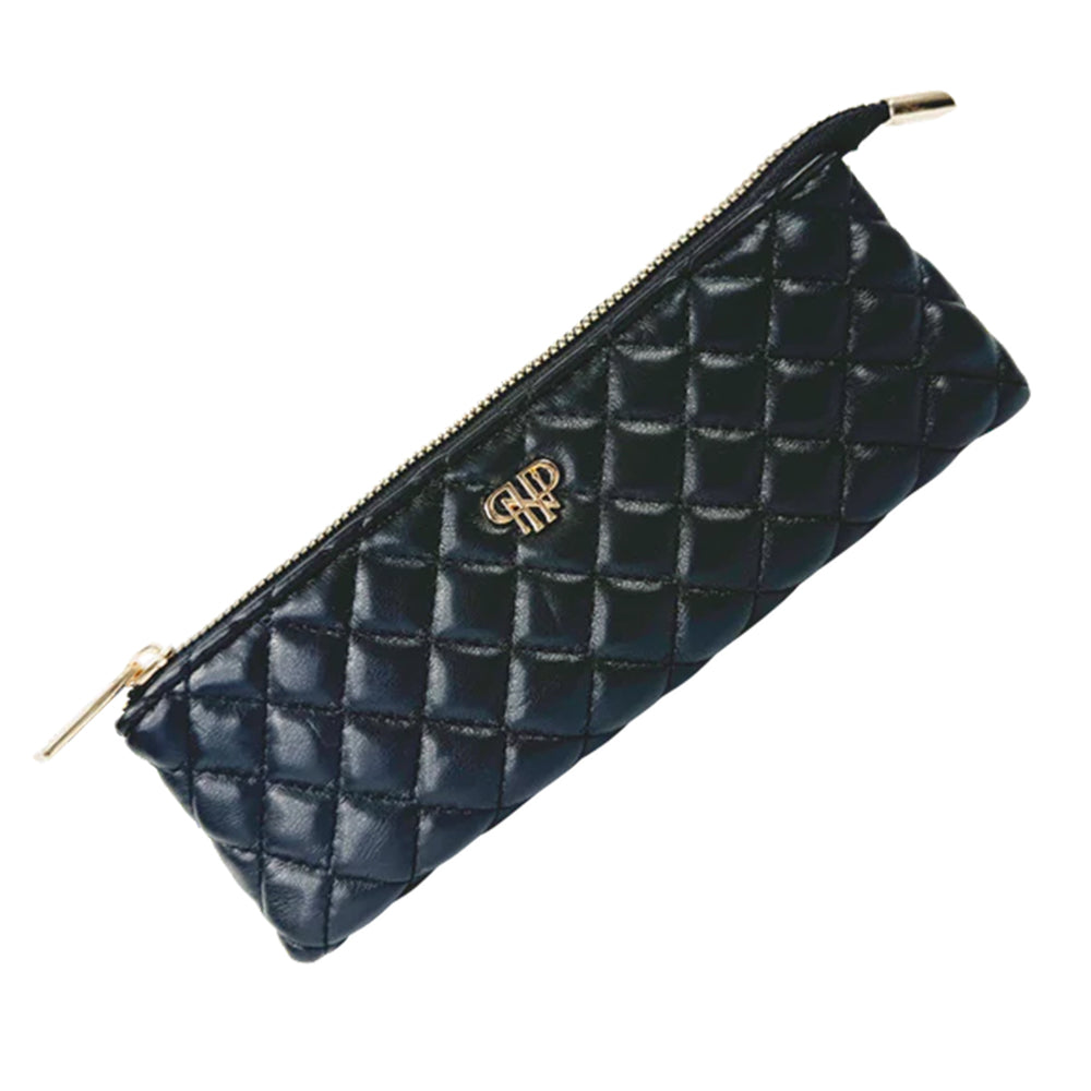 Quilted black wallet with gold zipper and logo on a white background