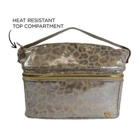 Leopard print cooler bag with heat resistant top compartment on a white background