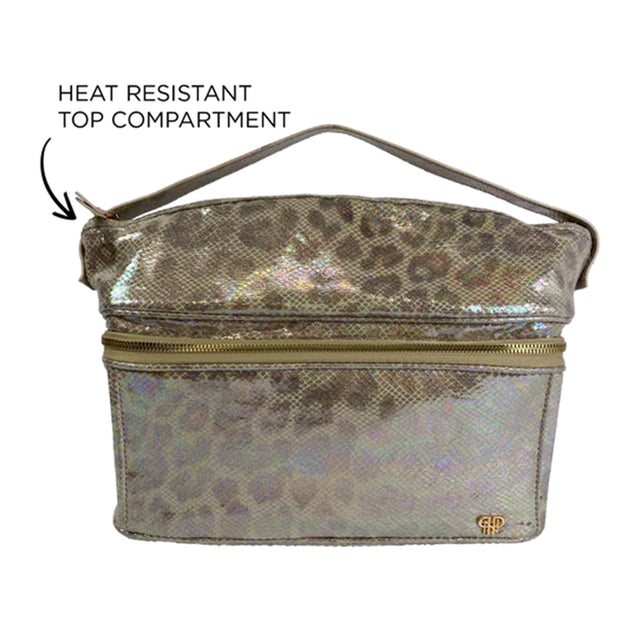 Leopard print cooler bag with heat resistant top compartment on a white background