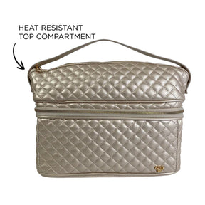 Quilted beige handbag with a heat resistant top compartment feature on a white background