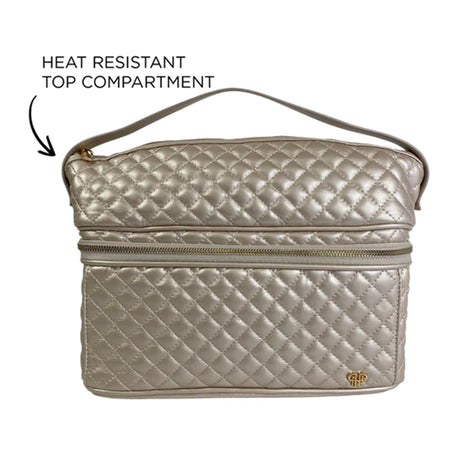 Quilted beige handbag with a heat resistant top compartment feature on a white background