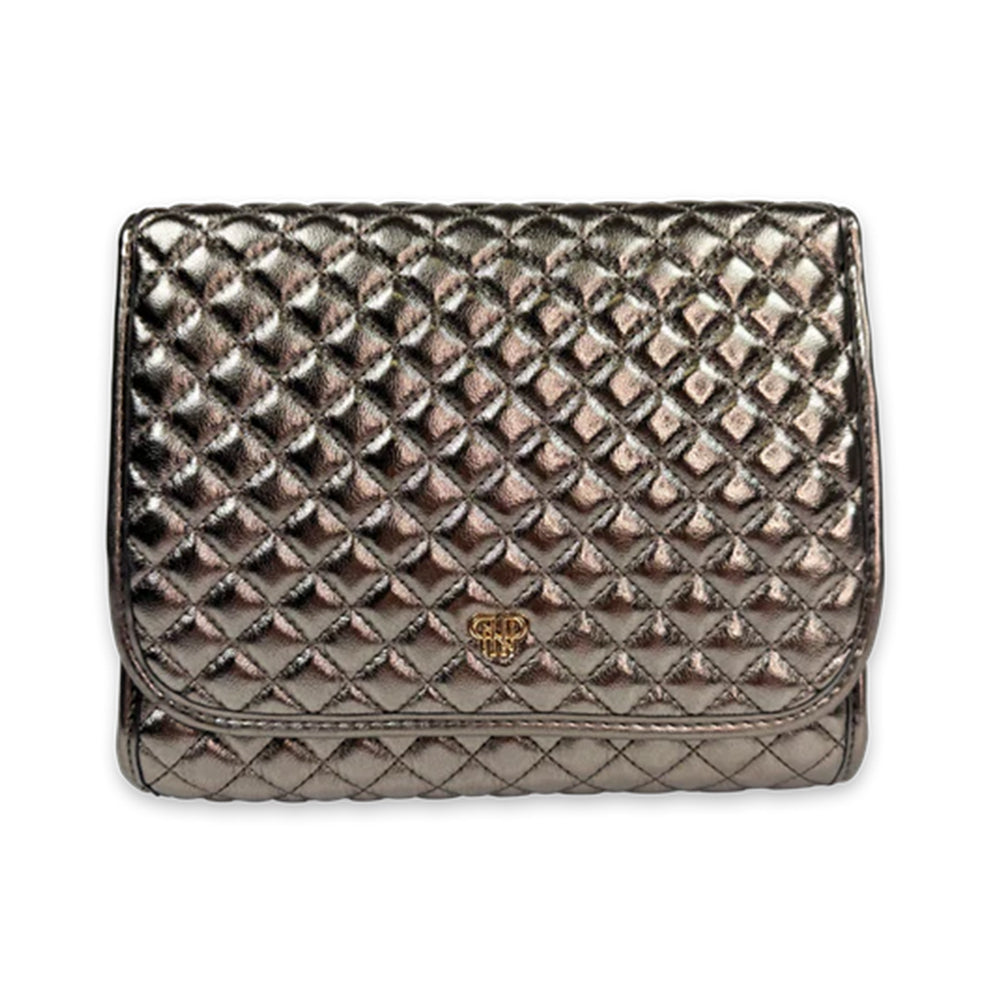 Quilted metallic clutch bag on a white background
