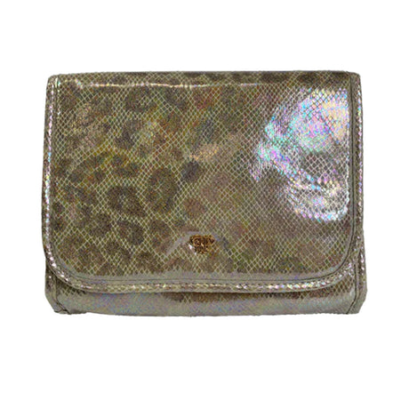 Silver metallic wallet with leopard print pattern on a white background