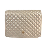 Quilted beige handbag with a brand logo on a white background