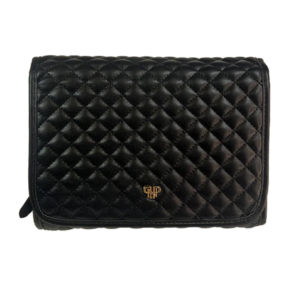 Black quilted clutch bag with a brand logo on a white background