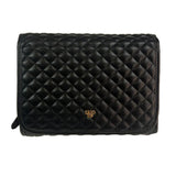 Black quilted clutch bag with a brand logo on a white background