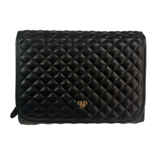 Black quilted clutch bag with a brand logo on a white background