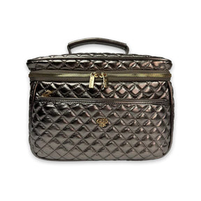 Quilted makeup bag with gold zipper on a white background