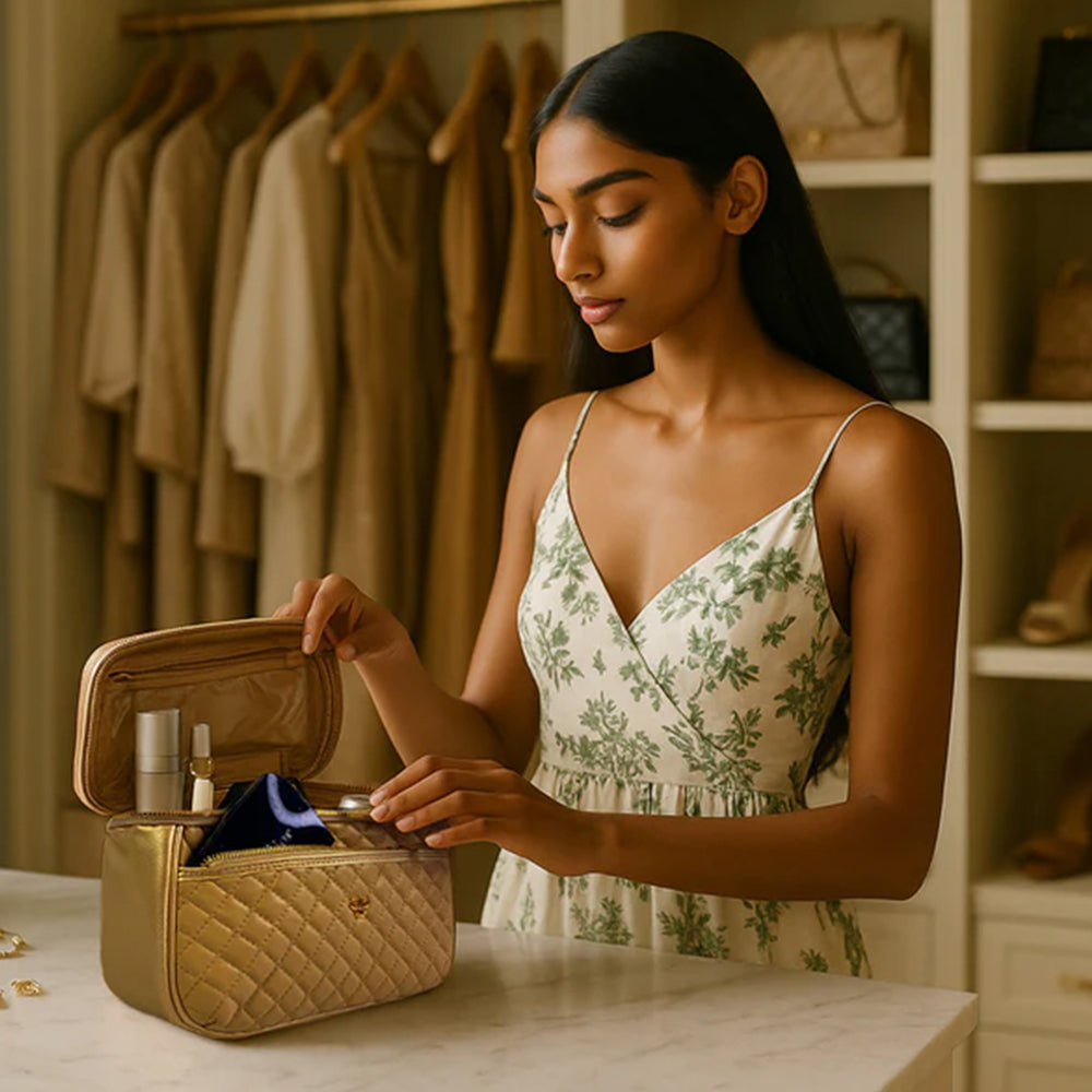 Woman in a floral dress looking into a gold makeup bag in a clothing store.