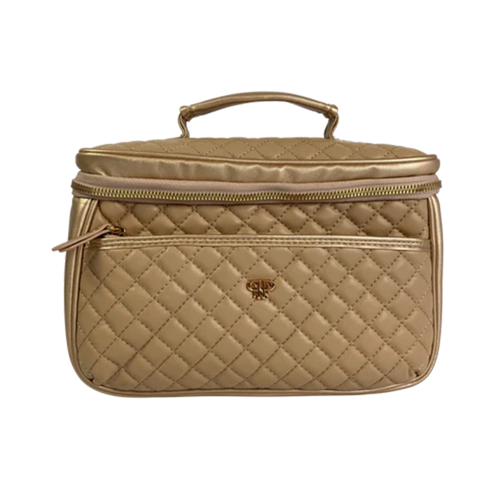 Beige quilted cosmetic bag with gold zipper and handle on a white background
