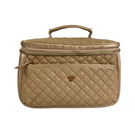 Beige quilted cosmetic bag with gold zipper and handle on a white background